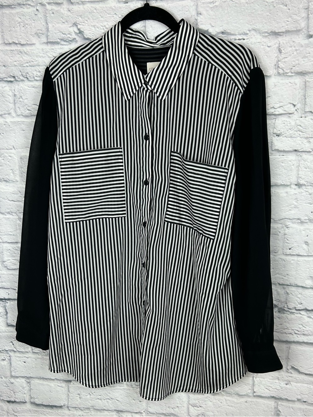 Chico’s Size 3 XL Black White Striped Sheer Pleated Back Button Down Blouse